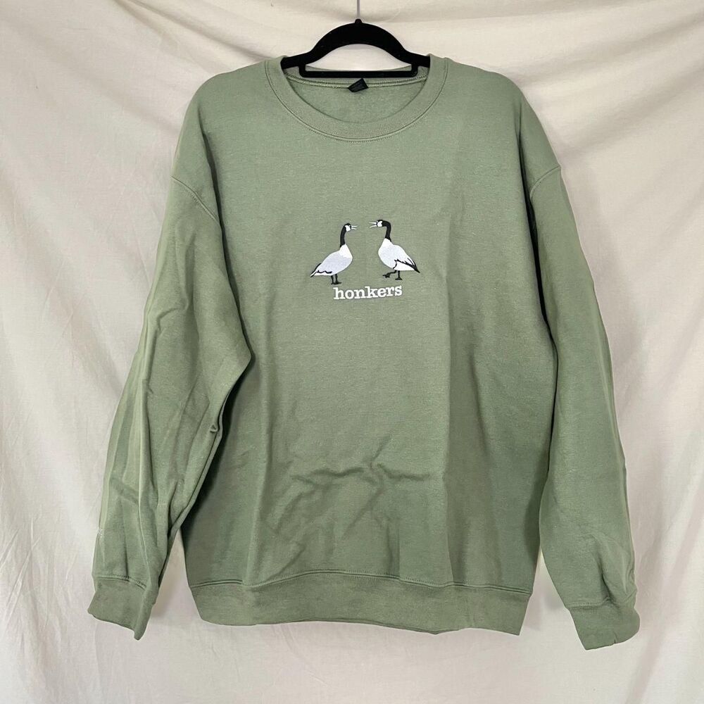 New Honkers Geese Embroidered Unisex Sweatshirt Graphic Hoodie Size L dark Green